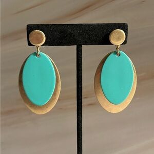 Carol Dauplaise Brass & Turquoise Panel Drop Earrings 1-3/4”